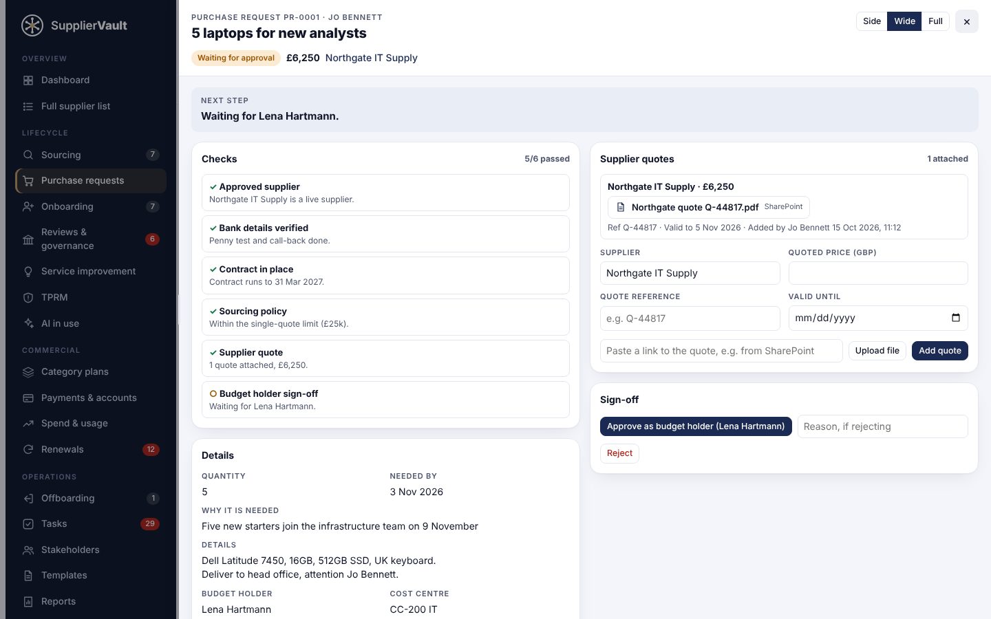 A purchase request with passed checks and a supplier quote
